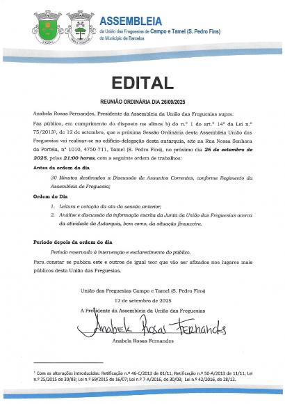 Sessão ordinária de 26 de setembro de 2025 Sessão ordinária de 26 de setembro de 2025