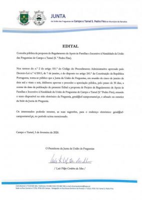 Consulta p&uacute;blica da proposta do Regulamento de Apoio  &agrave;s Fam&iacute;lias e Incentivo &agrave; Natalidade da UF Campo e Tamel (S. Pedro Fins)