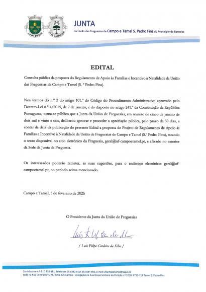 Consulta p&uacute;blica da proposta do Regulamento de Apoio  &agrave;s Fam&iacute;lias e Incentivo &agrave; Natalidade da UF Campo e Tamel (S. Pedro Fins)