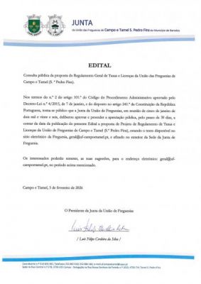 Consulta p&uacute;blica da proposta do Regulamento Geral de Taxas e Licen&ccedil;as da UF Campo e Tamel (S. Pedro Fins)
