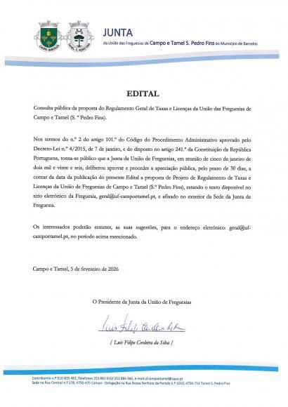 Consulta p&uacute;blica da proposta do Regulamento Geral de Taxas e Licen&ccedil;as da UF Campo e Tamel (S. Pedro Fins)