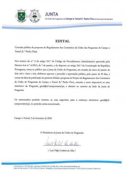 Consulta p&uacute;blica da proposta do Regulamento dos Cemit&eacute;rios da UF Campo e Tamel (S. Pedro Fins)