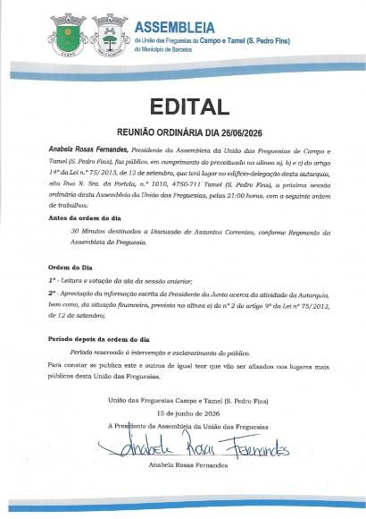 Sess&atilde;o ordin&aacute;ria de 26 de junho de 2026