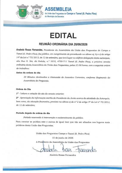 Sess&atilde;o ordin&aacute;ria de 26 de junho de 2026